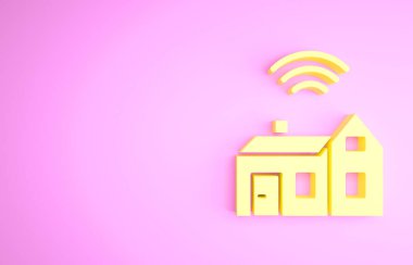 Pembe arka planda kablosuz ikonu olan Sarı Akıllı ev. Uzaktan kumanda. İnternet kavramının kablosuz bağlantısı. Minimalizm kavramı. 3d illüstrasyon 3B canlandırma