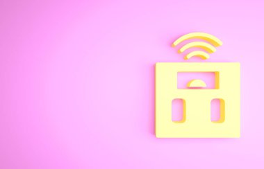 Sarı Akıllı banyo terazisi ikonu pembe arka planda izole edilmiş. Ağırlık ölçüm aletleri. İnternet kavramının kablosuz bağlantısı. Minimalizm kavramı. 3d illüstrasyon 3B canlandırma