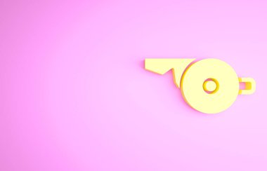 Sarı Düdük simgesi pembe arka planda izole edildi. Hakem sembolü. Spor ve spor burcu. Minimalizm kavramı. 3d illüstrasyon 3B canlandırma