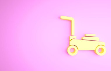 Sarı çim biçme makinesi simgesi pembe arka planda izole edilmiş. Çim biçme makinesi çim biçiyor. Minimalizm kavramı. 3d illüstrasyon 3B canlandırma