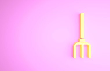 Sarı Bahçe yabası ikonu pembe arka planda izole edilmiş. Bahçe çatalı işareti. Bahçecilik, tarım, çiftçilik aleti. Minimalizm kavramı. 3d illüstrasyon 3B canlandırma