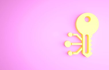 Sarı Şifreleme anahtar simgesi pembe arka planda izole edildi. Siber güvenlik kavramı ya da özel anahtar, teknolojik arayüzlü dijital anahtar. Minimalizm kavramı. 3d illüstrasyon 3B canlandırma