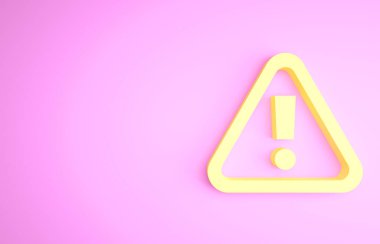 Pembe arka planda, üçgen ikonunda sarı ünlem işareti var. Tehlike uyarısı, dikkat, dikkat, tehlike uyarısı. Minimalizm kavramı. 3d illüstrasyon 3B canlandırma