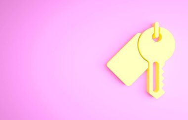 Sarı İşaretli anahtar simgesi pembe arkaplanda izole edildi. Minimalizm kavramı. 3d illüstrasyon 3B canlandırma
