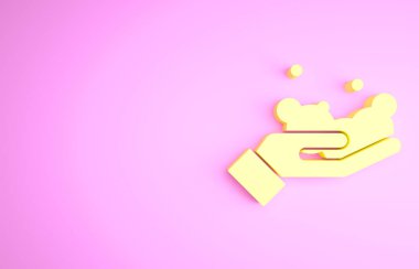 Pembe arka planda sabun ikonu olan sarı yıkama elleri. Virüs ve bakterileri önlemek için ellerini sabunla yıkıyorsun. Minimalizm kavramı. 3d illüstrasyon 3B canlandırma