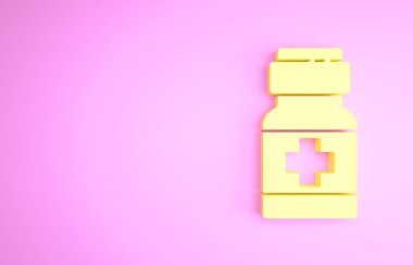 Sarı ilaç şişesi ve pembe arka planda izole edilmiş hap ikonu. İlaç paketi. Tablet, vitamin, antibiyotik, aspirin. Minimalizm kavramı. 3d illüstrasyon 3B canlandırma