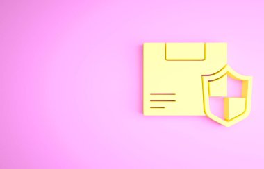 Sarı Teslimat güvenliği ve pembe arka planda izole edilmiş kalkan ikonu. Teslimat sigortası. Kalkanın ötesinde sigorta kutuları var. Minimalizm kavramı. 3d illüstrasyon 3B canlandırma