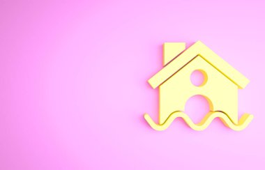 Sarı Ev sel ikonu pembe arka planda izole edildi. Suyun altındaki evi sel basıyor. Sigorta konsepti. Güvenlik, güvenlik, koruma, konsept koruma. Minimalizm kavramı. 3d illüstrasyon 3B canlandırma