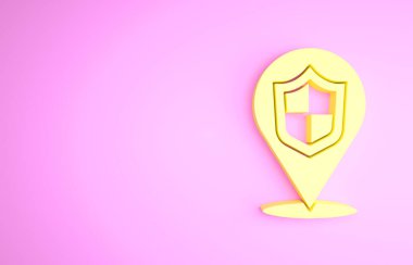 Sarı Konum Kalkanı simgesi pembe arkaplanda izole edildi. Sigorta konsepti. Gardiyan. Güvenlik, güvenlik, koruma, gizlilik kavramı. Minimalizm kavramı. 3d illüstrasyon 3B canlandırma