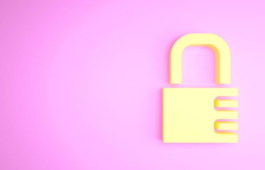 Sarı Güvenli Kilit simgesi pembe arka planda izole edildi. Kombinasyon asma kilit. Güvenlik, güvenlik, koruma, şifre, gizlilik. Minimalizm kavramı. 3d illüstrasyon 3B canlandırma