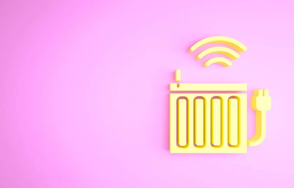 Ícone de sistema de radiador de aquecimento inteligente amarelo isolado no fundo rosa. Internet das coisas conceito com conexão sem fio. Conceito de minimalismo. 3D ilustração 3D render — Fotografia de Stock