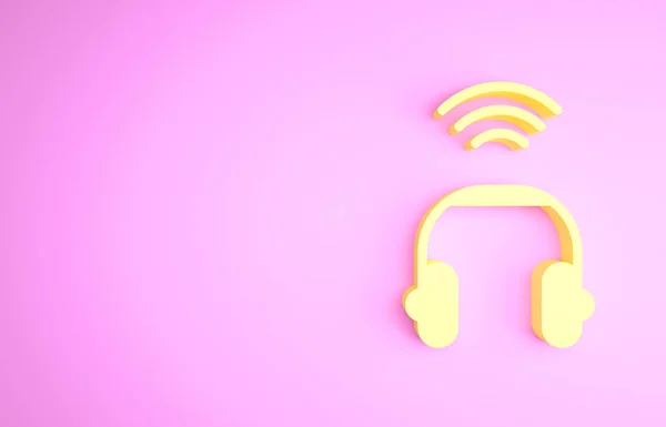 Gul Smart hörlurar systemikon isolerad på rosa bakgrund. Internet of things koncept med trådlös anslutning. Minimalistiskt koncept. 3D-återgivning för 3D — Stockfoto