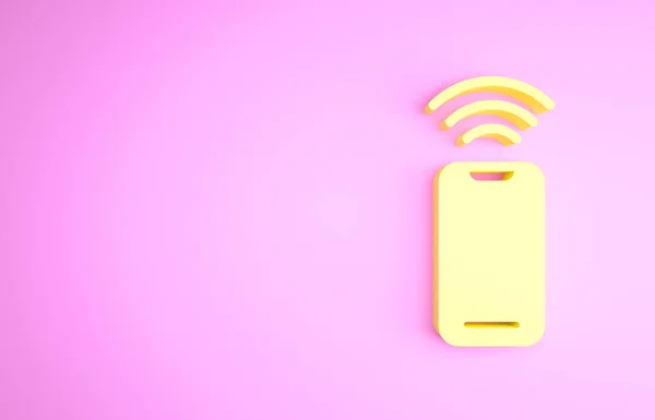 Żółta Bezprzewodowa ikona smartfona na różowym tle. Koncepcja minimalizmu. Ilustracja 3D 3D renderowania — Zdjęcie stockowe