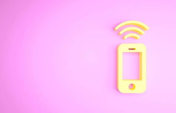 Icono de smartphone inalámbrico amarillo aislado sobre fondo rosa. Concepto minimalista. 3D ilustración 3D render —  Fotos de Stock