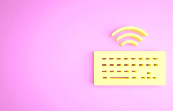 Amarelo ícone do teclado do computador sem fio isolado no fundo rosa. Assinatura do componente do PC. Internet das coisas conceito com conexão sem fio. Conceito de minimalismo. 3D ilustração 3D render — Fotografia de Stock