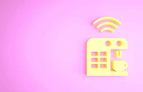 Желтый смарт кофе машина иконка системы изолированы на розовом фоне. Концепция Интернета вещей с беспроводным подключением. Концепция минимализма. 3D-рендеринг — стоковое фото