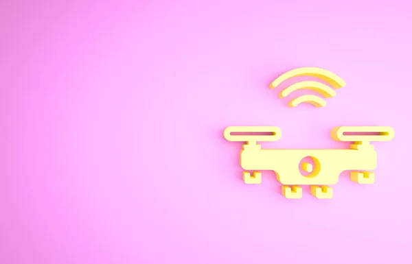 Yellow Smart drone system icon isolated on pink background. Quadrocopter with video and photo camera symbol. Minimalism concept. 3d illustration 3D render — Stock Photo, Image