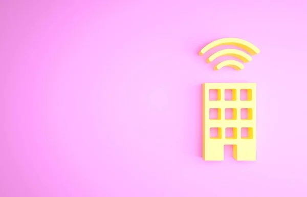 Gult Smart hem med trådlös ikon isolerad på rosa bakgrund. Fjärrkontroll. Internet of things koncept med trådlös anslutning. Minimalistiskt koncept. 3D-återgivning för 3D — Stockfoto