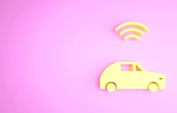 Sistema de coche Yellow Smart con icono de conexión inalámbrica aislado sobre fondo rosa. Concepto minimalista. 3D ilustración 3D render — Foto de Stock