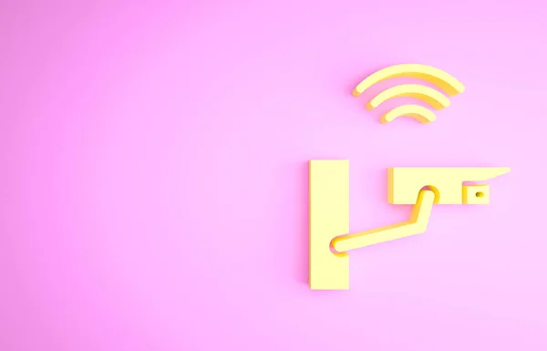Yellow Smart security camera icon isolated on pink background. Internet of things concept with wireless connection. Minimalism concept. 3d illustration 3D render