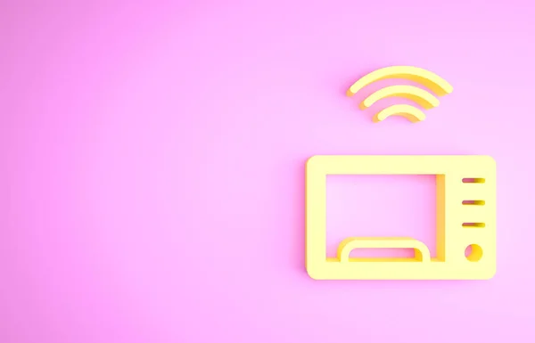 Icono del sistema de horno de microondas Yellow Smart aislado sobre fondo rosa. Icono de electrodomésticos. Concepto de Internet de las cosas con conexión inalámbrica. Concepto minimalista. 3D ilustración 3D render —  Fotos de Stock