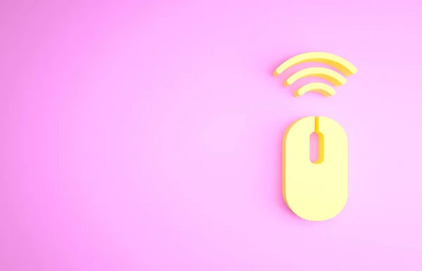 Icono amarillo del sistema inalámbrico del ratón del ordenador aislado sobre fondo rosa. Concepto de Internet de las cosas con conexión inalámbrica. Concepto minimalista. 3D ilustración 3D render — Foto de Stock