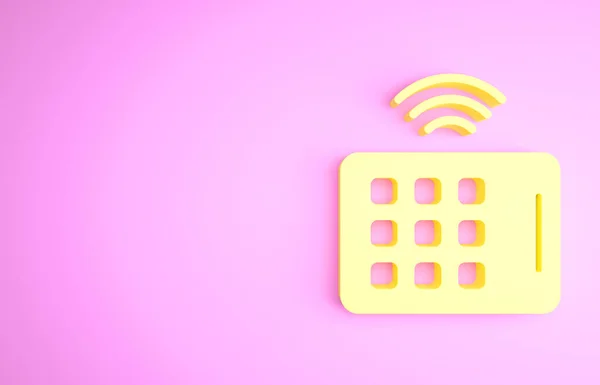 Ícone de tablet sem fio amarelo isolado no fundo rosa. Internet das coisas conceito com conexão sem fio. Conceito de minimalismo. 3D ilustração 3D render — Fotografia de Stock