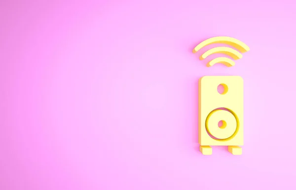 Gelbes Smart-Stereo-Lautsprechersystem-Symbol isoliert auf rosa Hintergrund. Soundsystem-Lautsprecher. Konzept Internet der Dinge mit drahtloser Verbindung. Minimalismus-Konzept. 3D Illustration 3D Renderer — Stockfoto