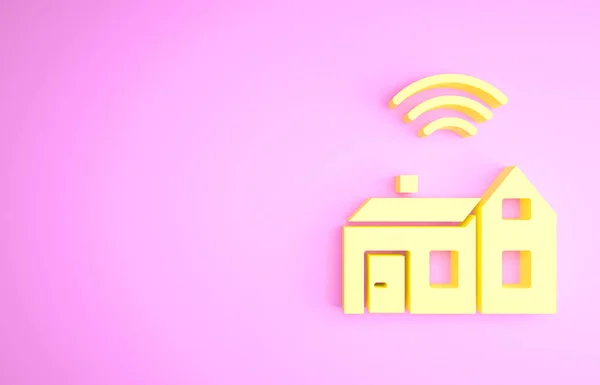 Желтый умный дом с иконкой беспроводной связи на розовом фоне. Дистанционное управление. Концепция Интернета вещей с беспроводным подключением. Концепция минимализма. 3D-рендеринг — стоковое фото