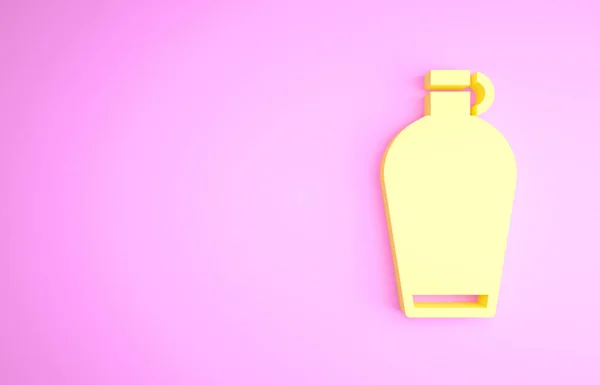 Gele Kanteen waterfles pictogram geïsoleerd op roze achtergrond. Toeristenkolf pictogram. Potje watergebruik in de campagne. Minimalisme concept. 3d illustratie 3D renderen — Stockfoto