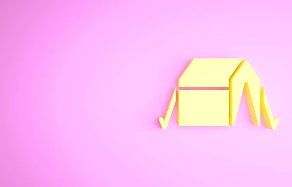 노란 투어 리스트 텐트 아이콘은 핑크 색 배경에 분리되어 있다. 캠핑용 상징. 미니멀리즘의 개념입니다. 3d 삽화 3D 렌더링 — 스톡 사진