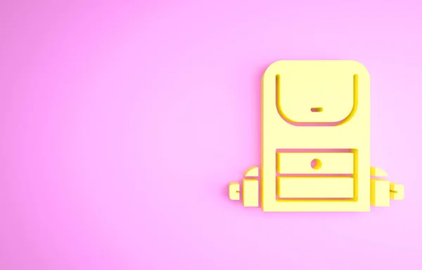 Yellow Hiking backpack icon isolated on pink background. Camping and mountain exploring backpack. Minimalism concept. 3d illustration 3D render — Stock Photo, Image