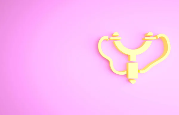 Yellow Slingshot εικονίδιο απομονώνονται σε ροζ φόντο. Μινιμαλιστική έννοια. 3d απεικόνιση 3D καθιστούν — Φωτογραφία Αρχείου