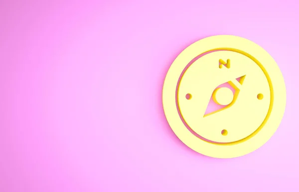 Geel kompas pictogram geïsoleerd op roze achtergrond. Windrose navigatiesymbool. Windroos teken. Minimalisme concept. 3d illustratie 3D renderen — Stockfoto