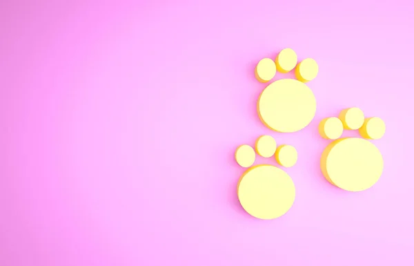 Ícone de impressão da pata amarela isolado no fundo rosa. Impressão de pata de cão ou gato. Pista animal. Conceito de minimalismo. 3D ilustração 3D render — Fotografia de Stock
