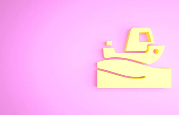 Barco de pesca amarelo no ícone de água isolado no fundo rosa. Conceito de minimalismo. 3D ilustração 3D render — Fotografia de Stock