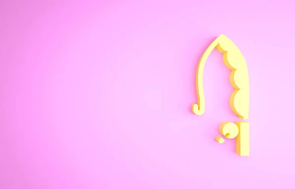 Icono de caña de pescar amarillo aislado sobre fondo rosa. Coge un pez grande. Material de pesca y temas de piscicultura. Concepto minimalista. 3D ilustración 3D render —  Fotos de Stock