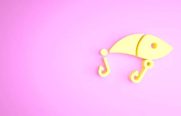Icona pesca giallo richiamo isolato su sfondo rosa. Attrezzatura da pesca. Concetto minimalista. Illustrazione 3d rendering 3D — Foto Stock