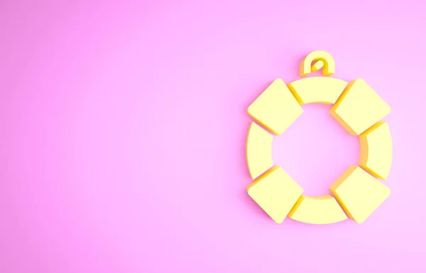 Κίτρινη εικόνα Lifebuoy απομονωμένη σε ροζ φόντο. Σύμβολο ζώνης ασφαλείας. Μινιμαλιστική έννοια. 3d απεικόνιση 3D καθιστούν — Φωτογραφία Αρχείου
