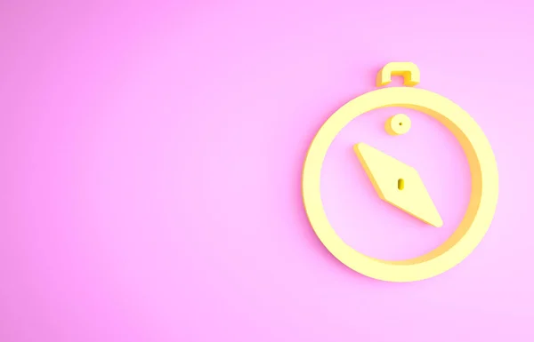 Ícone amarelo da bússola isolado no fundo rosa. Símbolo de navegação Windrose. Sinal de rosa do vento. Conceito de minimalismo. 3D ilustração 3D render — Fotografia de Stock