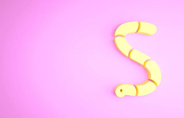 Ícone de verme amarelo isolado no fundo rosa. Equipamento de pesca. Conceito de minimalismo. 3D ilustração 3D render — Fotografia de Stock