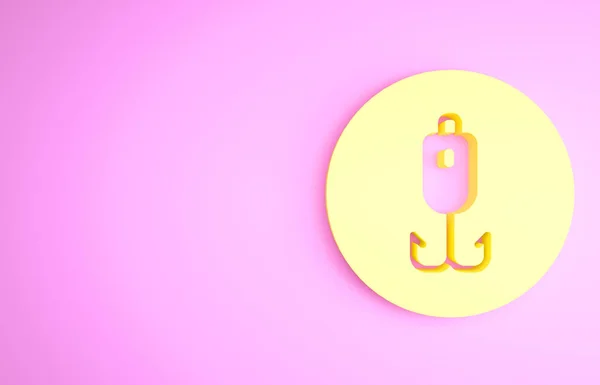 Ikon pancing kuning terisolasi pada latar belakang merah muda. Menangkap ikan. Konsep minimalisme. Tampilan 3D ilustrasi 3d — Stok Foto