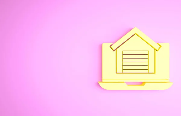 Желтый онлайн дом недвижимости на иконке ноутбука, выделенный на розовом фоне. Концепция жилищного кредита, аренда, покупка, покупка недвижимости. Концепция минимализма. 3D-рендеринг — стоковое фото