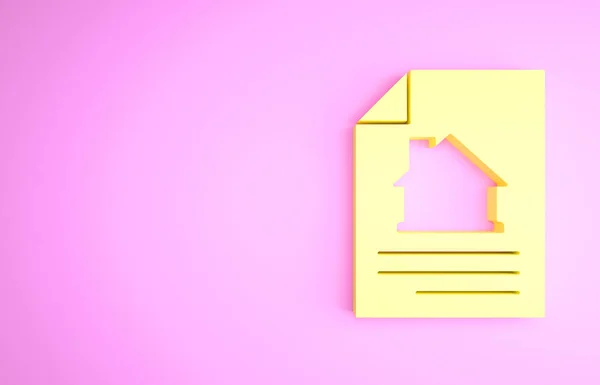 Yellow House contract icon isolated on pink background. Contract creation service, document formation, application form composition. Minimalism concept. 3d illustration 3D render