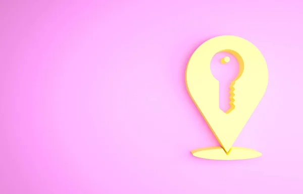 Icône clé de localisation jaune isolée sur fond rose. Le concept de la maison clé en main. Concept de minimalisme. Illustration 3D rendu 3D — Photo