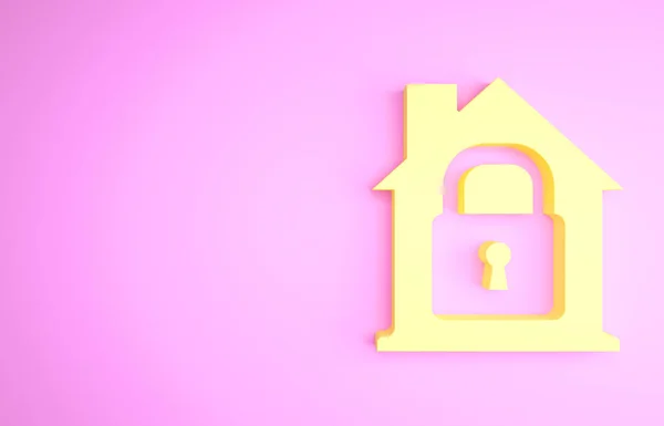 黄色房子在保护图标下被隔离在粉红色的背景上.家和锁。保护、安全、安保、保护、防御概念。最低纲领的概念。3D渲染3D插图 — 图库照片