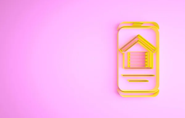Rumah real estate Yellow Online pada ikon smartphone diisolasi dengan latar belakang merah muda. Konsep pinjaman rumah, sewa, beli, membeli properti. Konsep minimalisme. Tampilan 3D ilustrasi 3d — Stok Foto