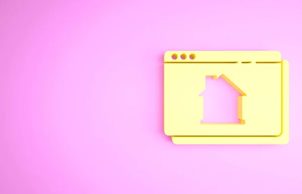 Yellow Online real estate house in browser icon isolated on pink background. Home loan concept, rent, buy, buying a property. Minimalism concept. 3d illustration 3D render