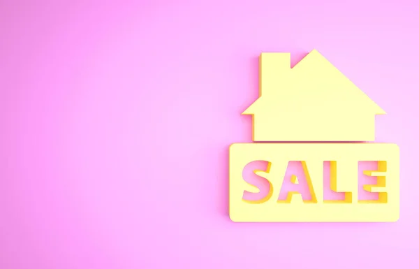 Жовтий висячий знак з текстом Піктограма продажу ізольована на рожевому фоні. Вивіска з текстом Продається. Концепція мінімалізму. 3D ілюстрація 3D рендеринга — стокове фото