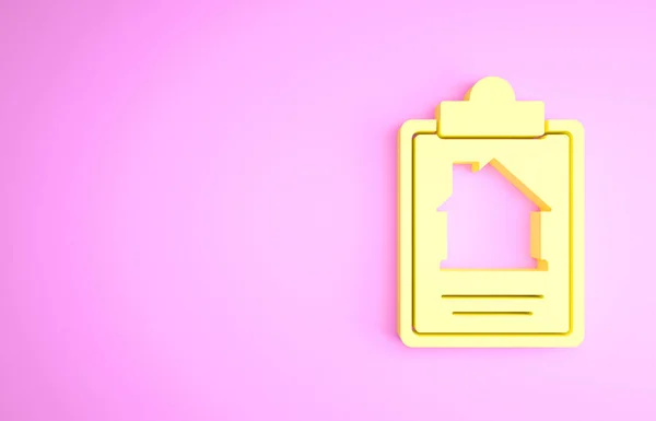 Yellow House szerződés ikon elszigetelt rózsaszín háttér. Szerződéskötési szolgáltatás, dokumentumkészítés, igénylőlap-összetétel. Minimalizmus koncepció. 3d illusztráció 3D render — Stock Fotó